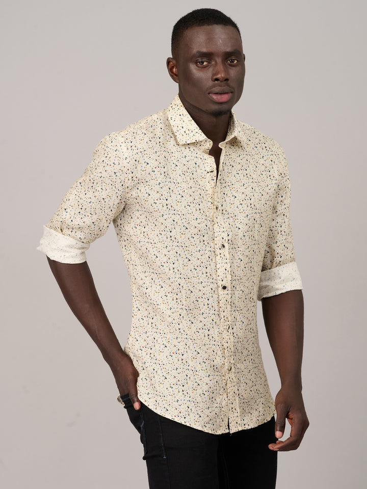 Elegant Beige Printed Linen Shirt