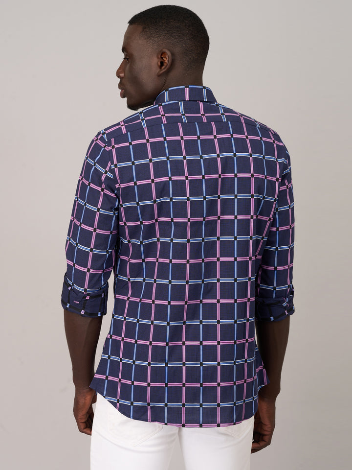 Navy Blue Slim Fit Checked Shirt