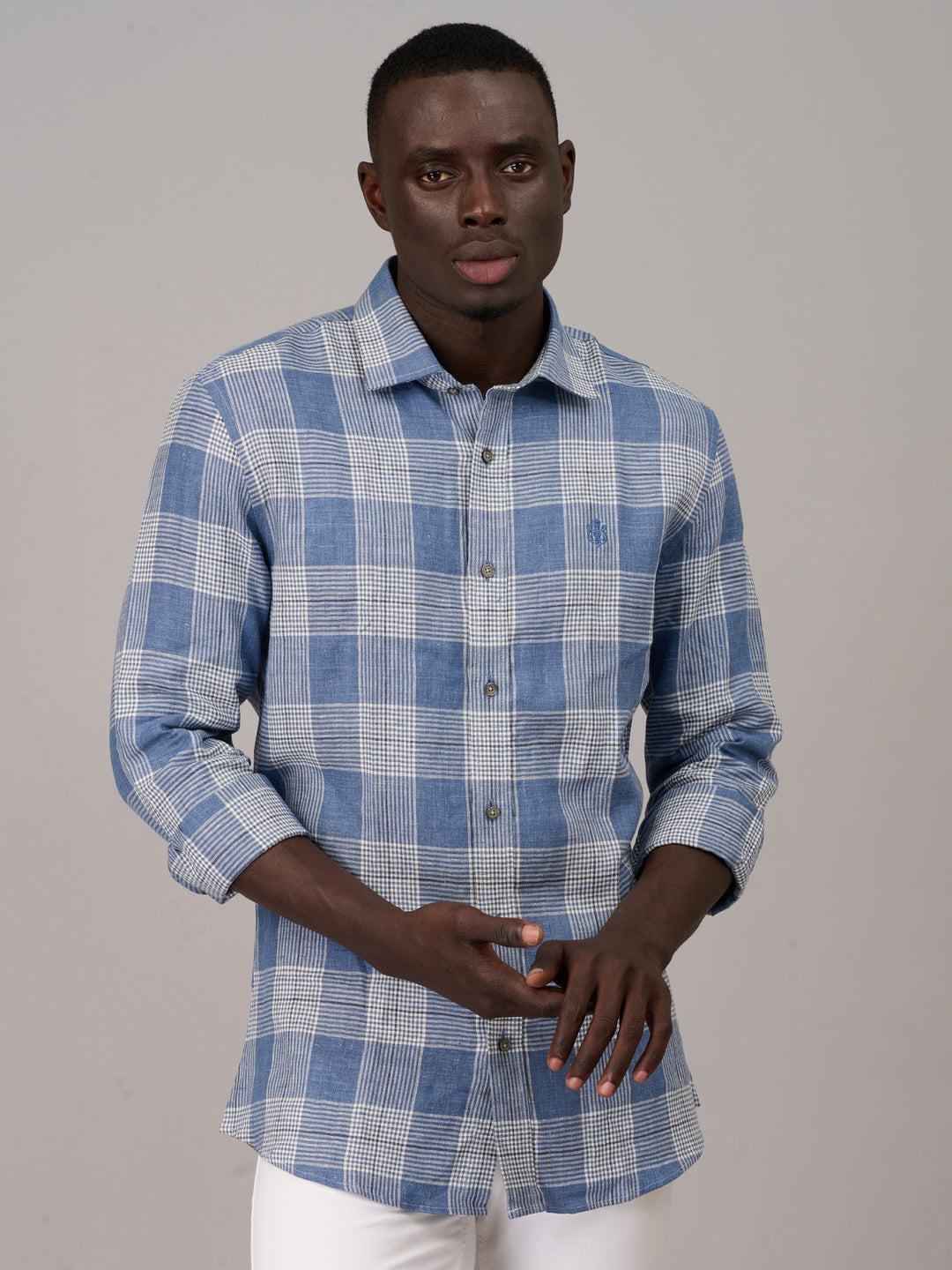 Steel Blue Checked Linen Shirt