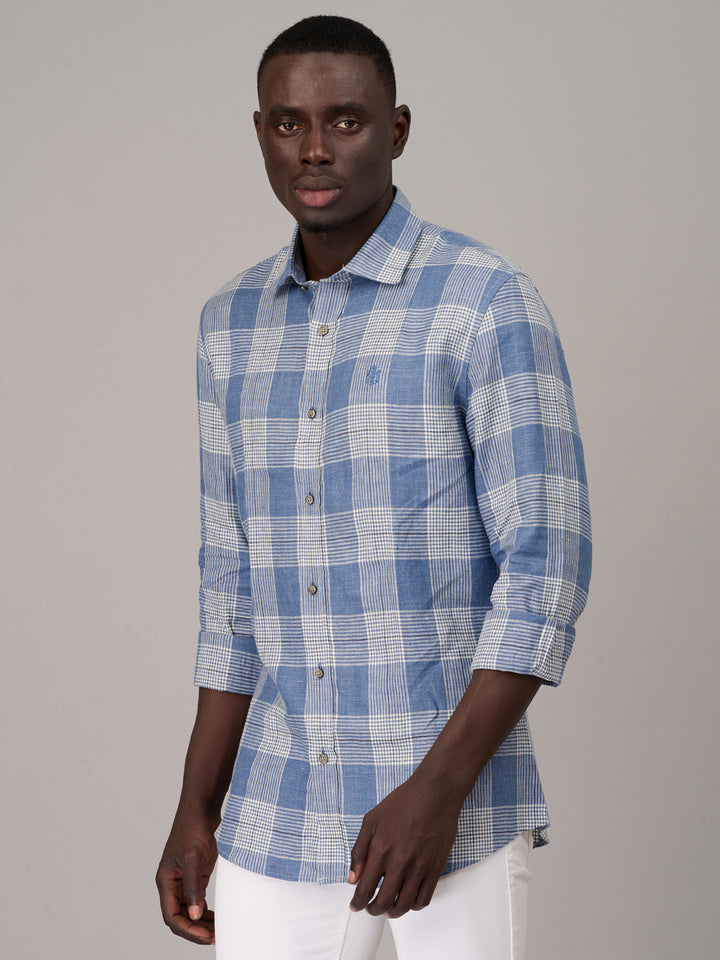 Steel Blue Checked Linen Shirt