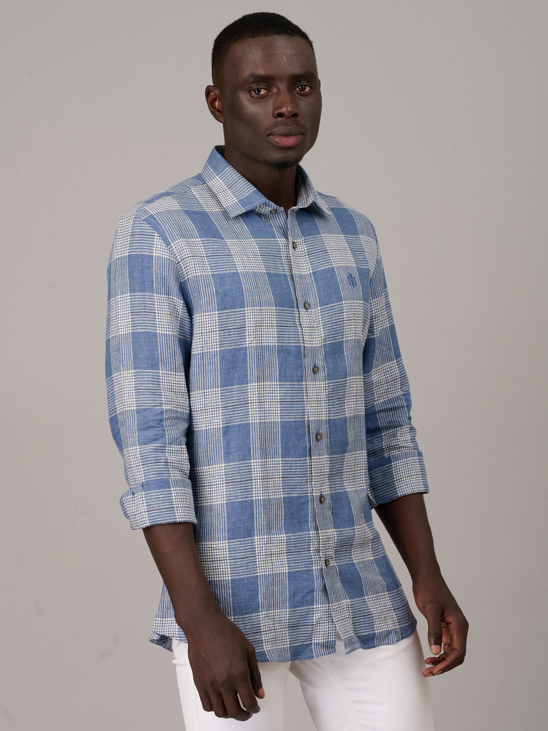 Steel Blue Checked Linen Shirt