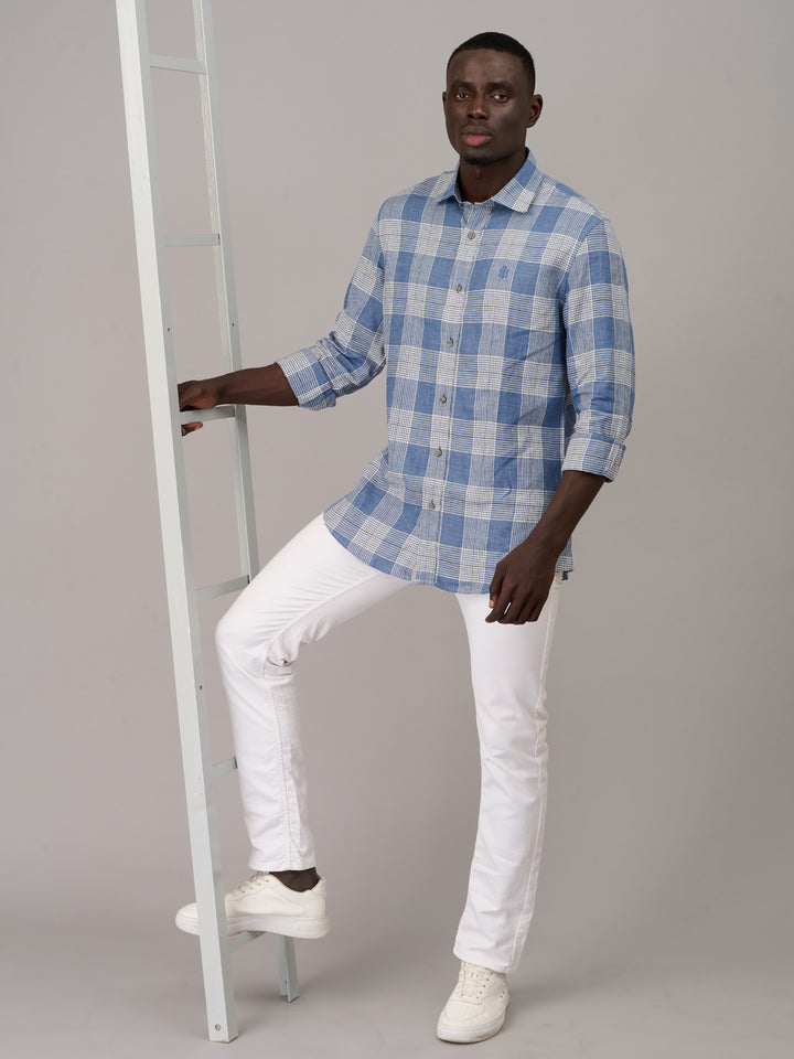 Steel Blue Checked Linen Shirt