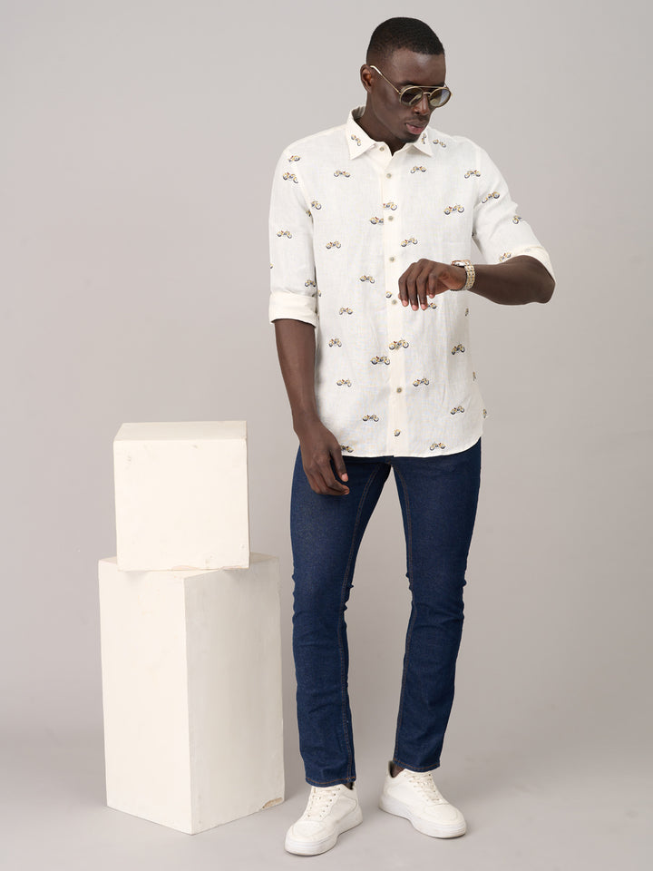 Pearl White Printed Linen Shirt