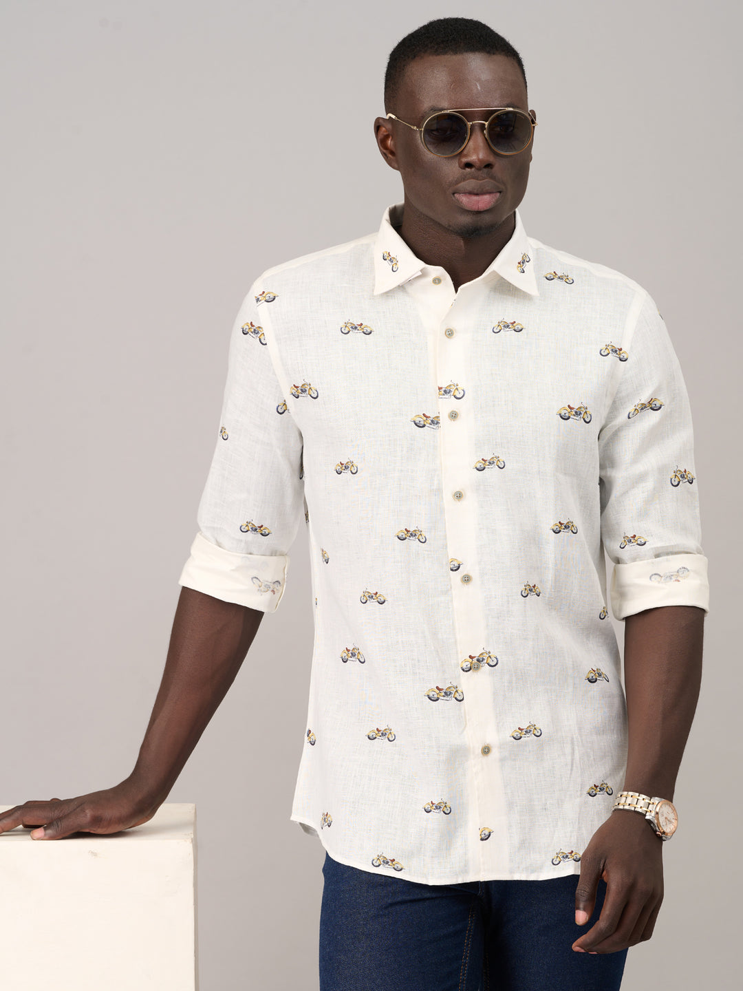 Pearl White Printed Linen Shirt