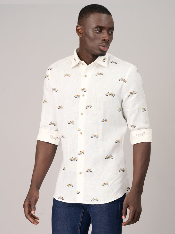 Pearl White Printed Linen Shirt