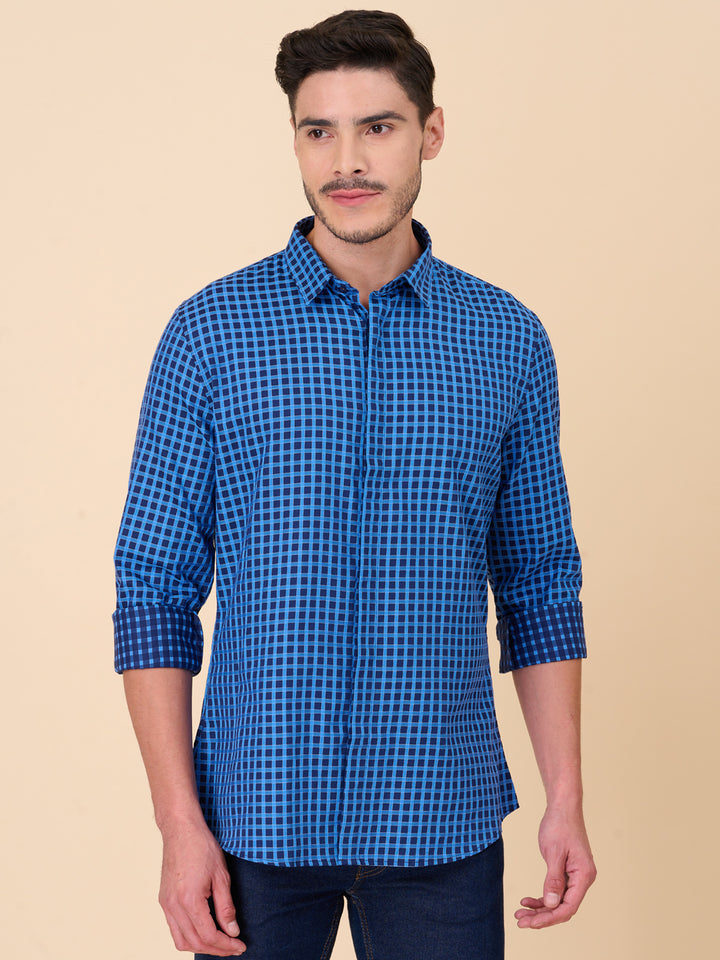 Navy Blue Checked Formal Shirt