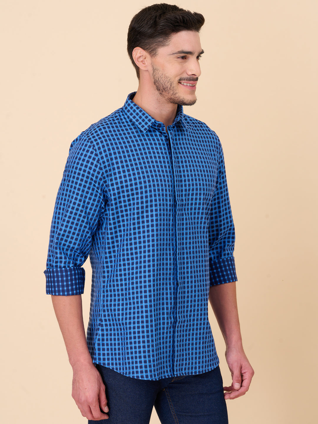 Navy Blue Checked Formal Shirt