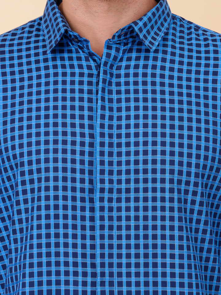 Navy Blue Checked Formal Shirt