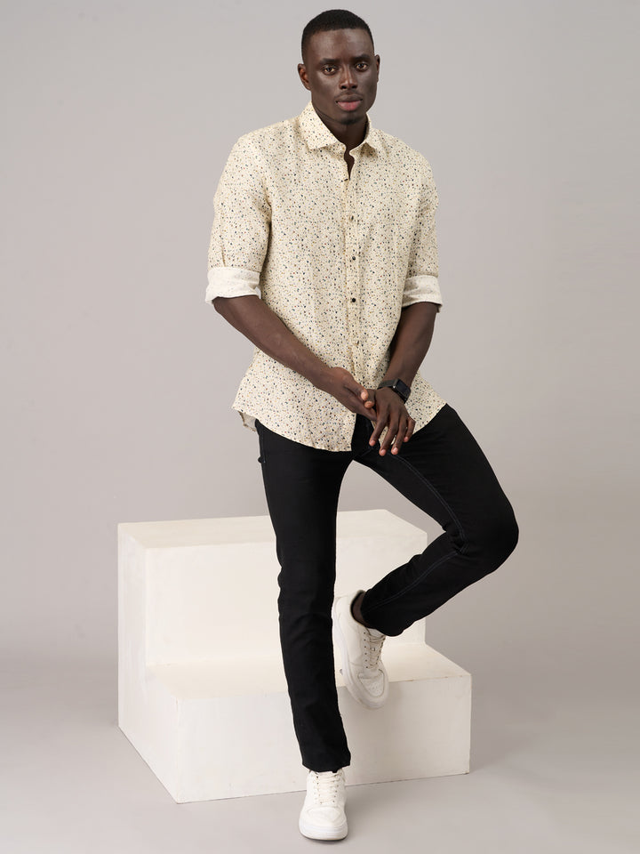 Elegant Beige Printed Linen Shirt